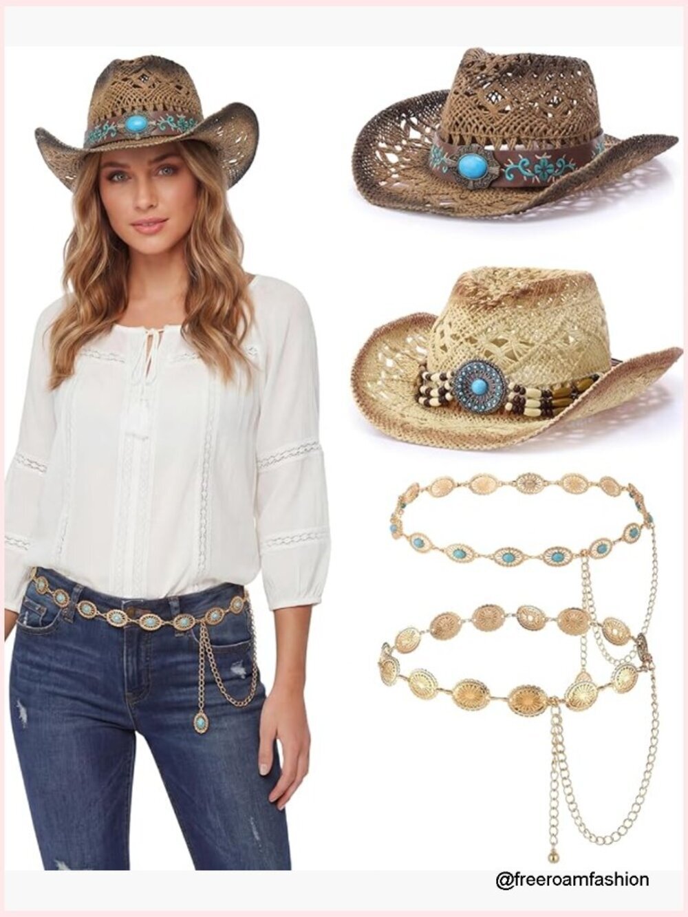 Straw Cowboy Hat Set with Shapeable Brim & Western Belts